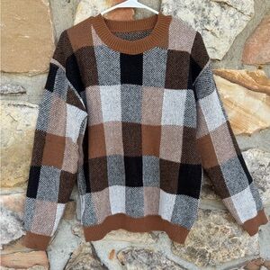 Cozy Women’s XL Checkered Sweater in Brown and Black Fall Teacher